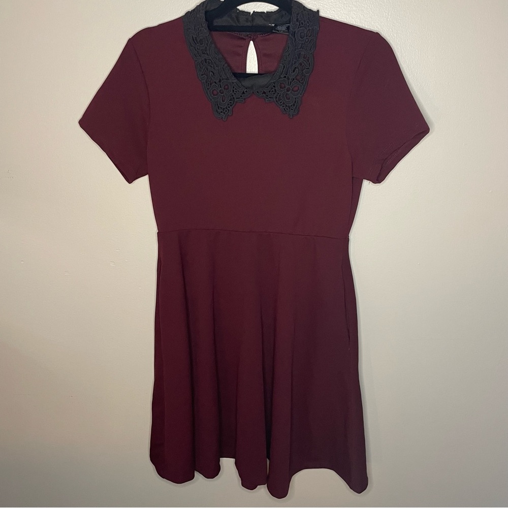Hot Topic Burgundy Dress with Black Lace Collar